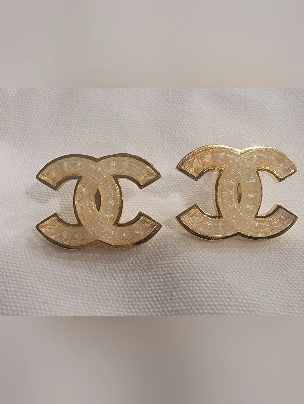 Authentic Chanel 24A Gold Plated Glitter Resin CC Stud Earrings